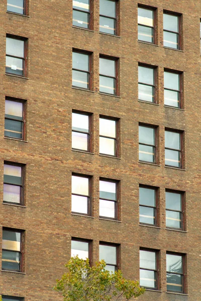 Brick Building Facade Afternoon Shade Visible Rows Windows Reflective Glass — Stockfoto
