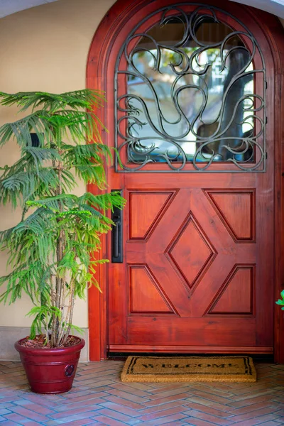 Bejárati Ajtó Dekoratív Homlokzattal Üveg Ablakok Barna Üdvözlő Szőnyeggel Trópusi — Stock Fotó