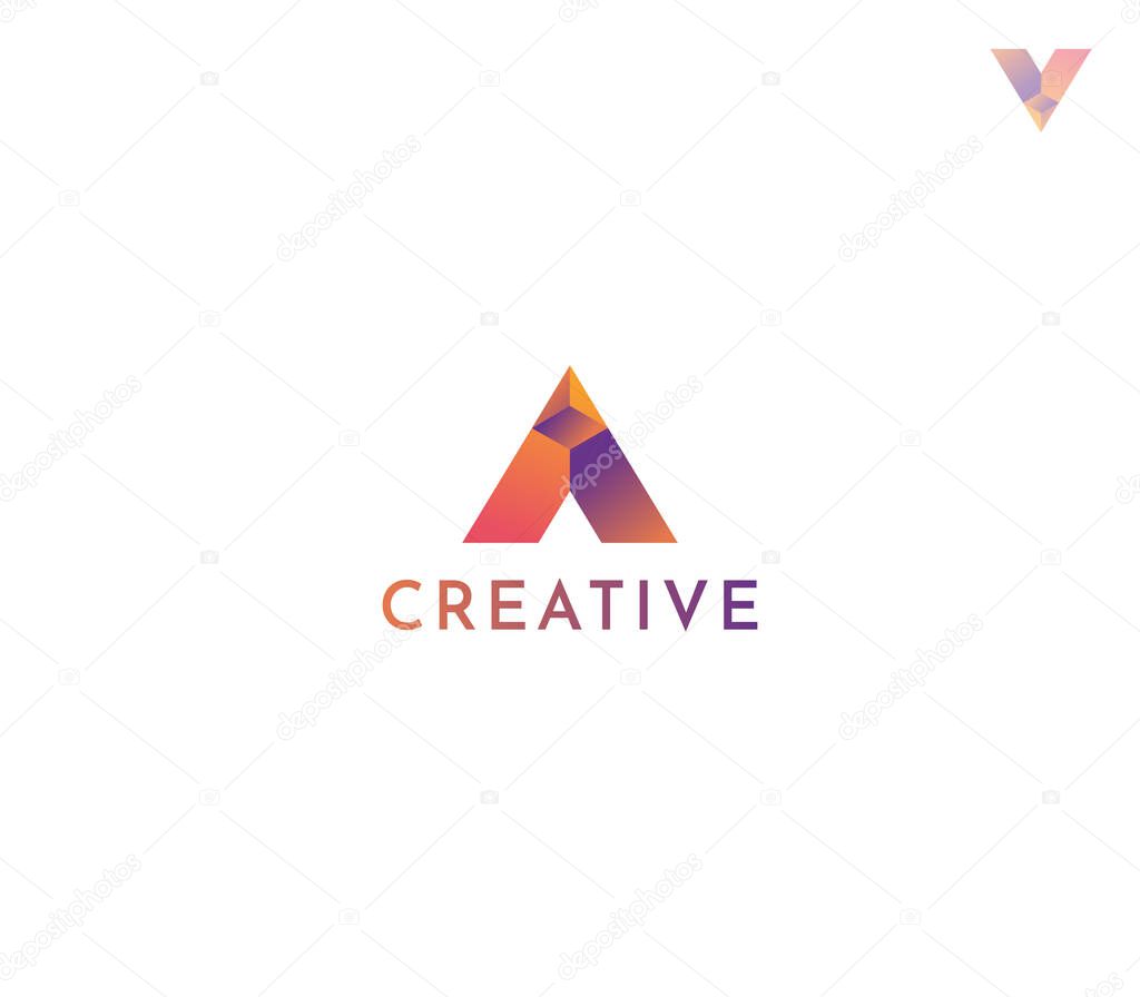 Letter A or V Gradient Logo, Polygonal Triangle Design with white background.