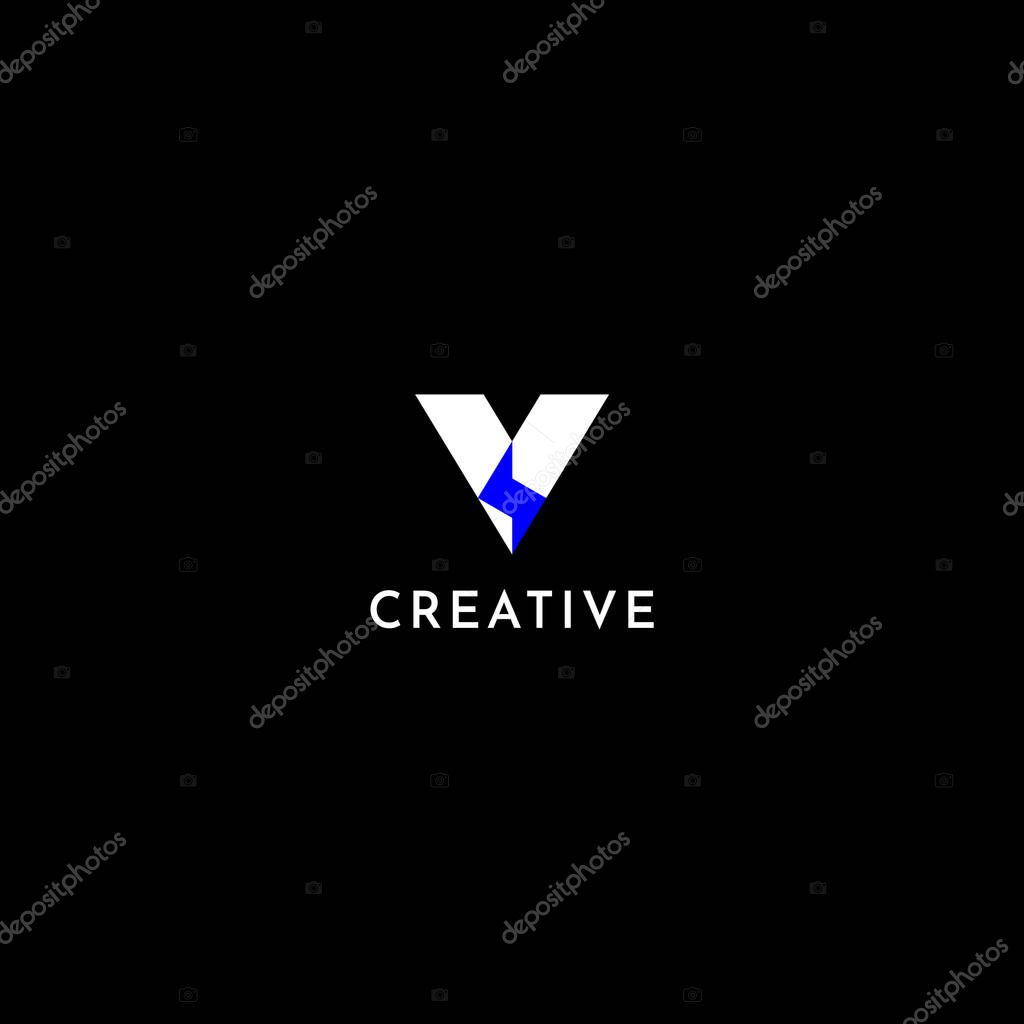 Geometric Letter V or A with Blue Strike Logo, Thunder Bolt monogram with black background.