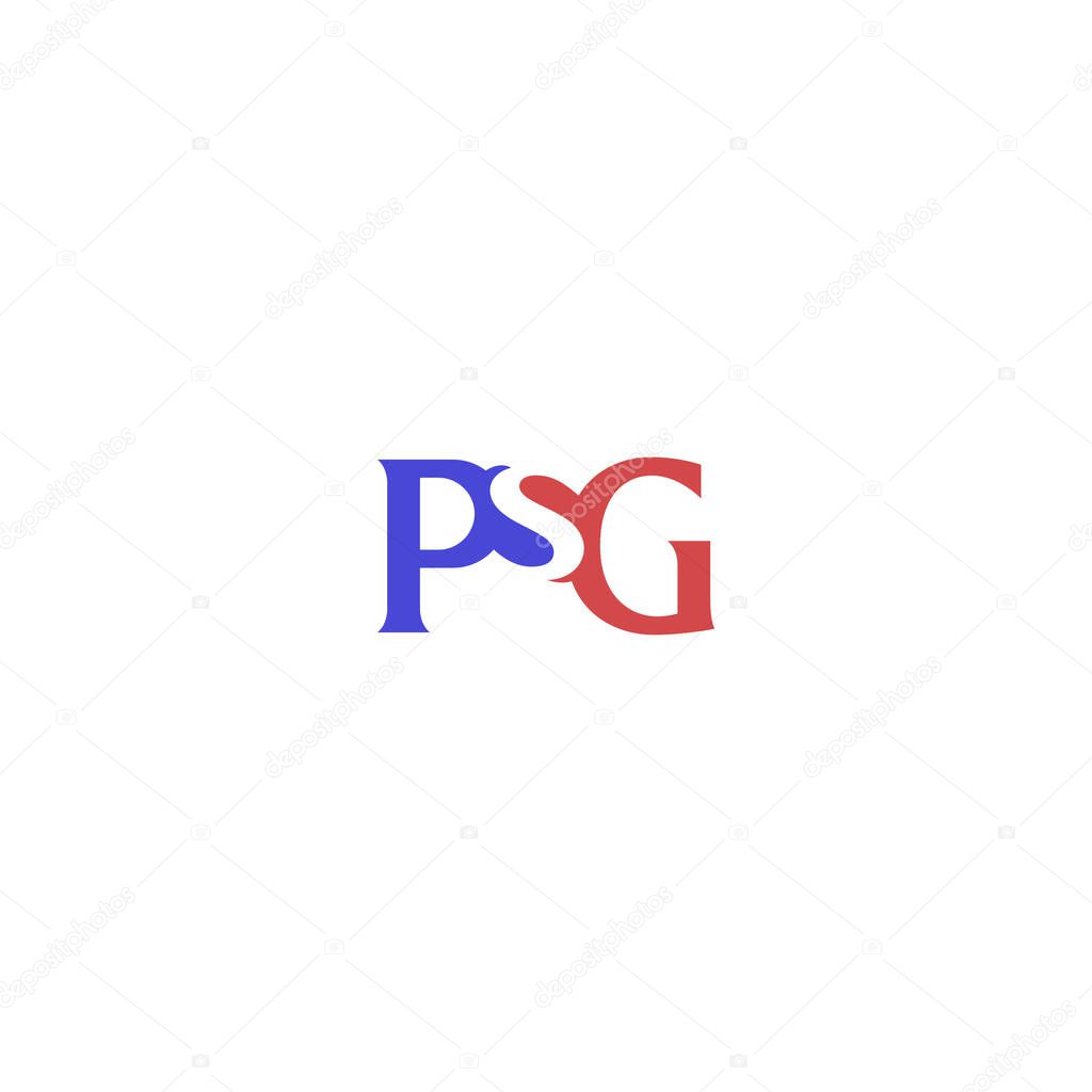 Stylish Letters PSG Monogram Logo in Red and Blue Colors isolated with white background.