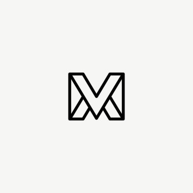 Dikdörtgen şeklinde MV Posta Kutusu Monogramı. Beyaz arkaplanı olan VM logosu.