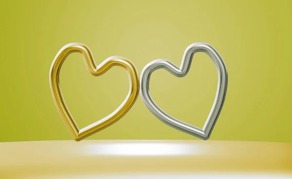 gold and silver metal heart On a 3D light green background, Valentine\'s day symbol design. for messages on the day of love romantic and design