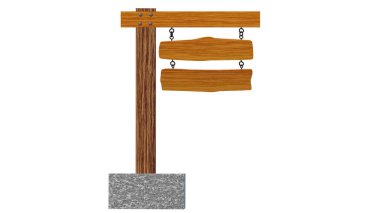 İmza, tahta, yön. Ahşap dokular. Mesajını yazmak için boşluk. İllüzyon. Ok işaret ediyor. Asma zincir. Beyaz arkaplan.