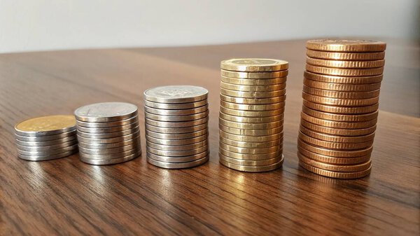 Деньги, монеты, инвестиционный график, рост сбережений для финансовой безопасности в будущем
