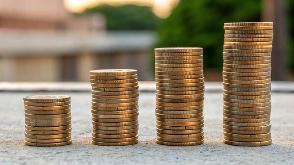 Деньги, монеты, инвестиционный график, рост сбережений для финансовой безопасности в будущем