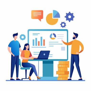 Ofiste birlikte çalışan iş adamları. İşadamı ve iş kadını bilgisayarın önünde masa başında oturuyorlar. Takım çalışması konsepti. Düz biçimli vektör illüstrasyonu