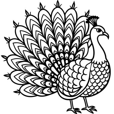 Çiçek desenli, siyah beyaz bir hindinin boyama sayfası.