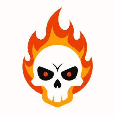 Ateş saçan bir kafatası. Vektör illüstrasyonu beyaz arkaplanda izole edildi.