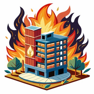 Yanan bina. Şehirde yangın var. Düz tasarım vektör çizimi.