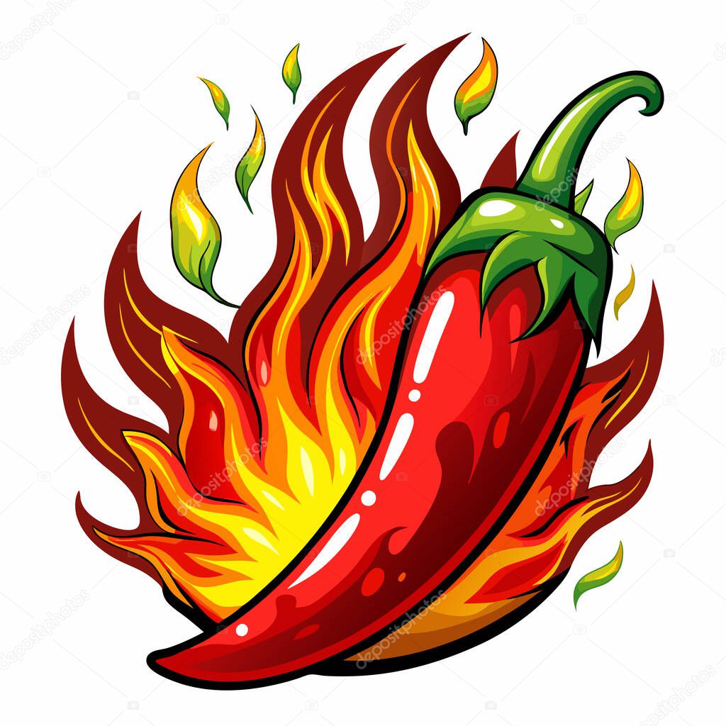 Hot red chili peppers on fire. Vector illustration isolated on white background.
