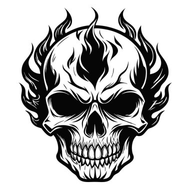 Ateş, Beyaz arka planda siyah beyaz silueti olan Kurukafa, vektör çizimi