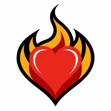 Ateşli kalp, üstteki alevler ısı gücü, beyaz arka plandaki vektör çizimleri iletir.