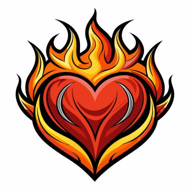 Ateşli kalp, üstteki alevler ısı gücü, beyaz arka plandaki vektör çizimleri iletir.