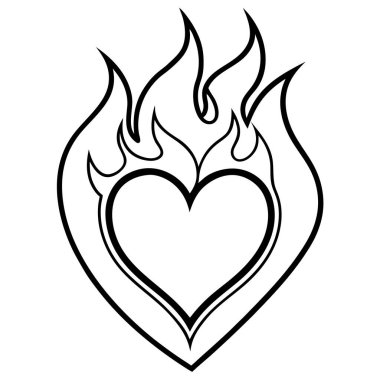 Ateşli bir kalbin çizgi çizimi. Üstteki alevler ısı enerjisini iletir. Beyaz arkaplanda vektör illüstrasyonu