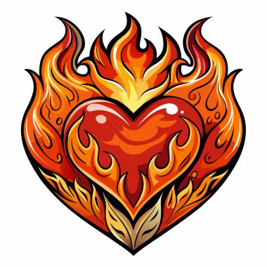 Ateşli kalp, üstteki alevler ısı gücü, beyaz arka plandaki vektör çizimleri iletir.