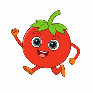 Çizgi film Kawaii tarzı domates karakteri koşuyor. Vektör illüstrasyonu beyaz arkaplanda izole edildi.