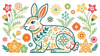 Tasarımınız için vektör illüstrasyonunu tavşan çiçekleri ve yapraklar.