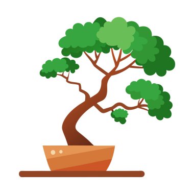 Güzel çalı şekilli Bonsai ağacı, pembe ve sarı çiçekler, beyaz arkaplanda vektör çizimi.