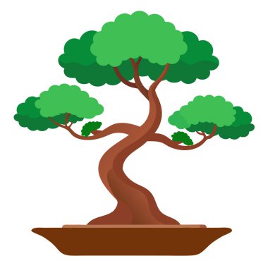 Güzel çalı şekilli Bonsai ağacı, pembe ve sarı çiçekler, beyaz arkaplanda vektör çizimi.