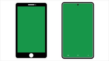 Akıllı telefon, cep telefonu, boş yeşil ekran vektörlü bir sahnenin çizimi