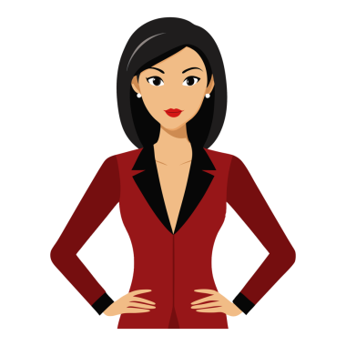 Lüks giyinmiş, şeffaf bir geçmişi olan kadın yöneticinin karikatür çizimi.