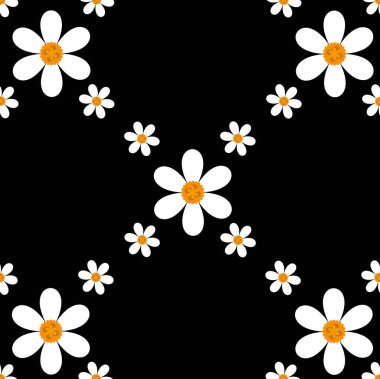 Kusursuz beyaz çiçekli kumaş deseni. Siyah arkaplan vektör dosyasındaki beyaz çiçekler