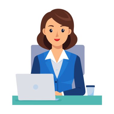 Mavi takım elbiseli bir kadın ofis çalışanı masada oturuyor ve dizüstü bilgisayarla çalışıyor..