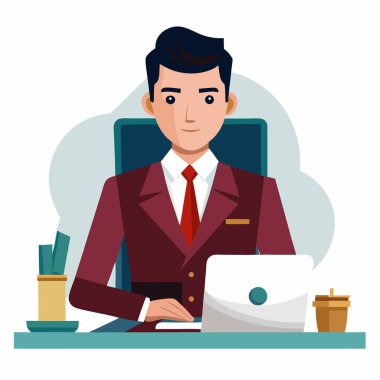 Kırmızı takım elbiseli bir erkek ofis çalışanı masada oturur ve dizüstü bilgisayar kullanır..