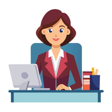 Kırmızı takım elbiseli bir kadın ofis çalışanı masada oturur ve dizüstü bilgisayar kullanır.