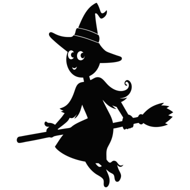Black silhouette cartoon witch riding a broomstick, transparent background, Halloween illustration