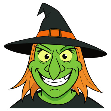 Green face witch head cartoon wearing a hat transparent background Halloween illustration