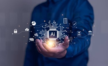 Teknoloji ve insan konsepti adamı yapay zeka, yapay zeka ve yapay zeka kavramına yardım etmek için yapay zekayı kullanır. İş, modern teknoloji, internet ve ağ kurma kavramı. Günlük yaşamda yapay zeka teknolojisi.