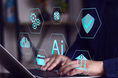 AI Teknoloji ve Gelecek İnovasyonu İnsanlar verimlilik, makine öğrenimi, derin öğrenme, büyük veri bağlantısı, bağlantı, küresel iş sistemleri için yapay zeka kullanıyorlar..