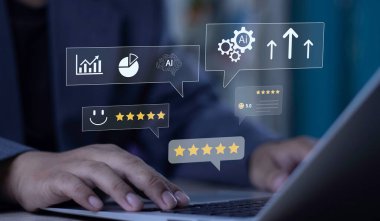 Businessman uses a laptop to give a 5.0 five-star rating for customer satisfaction. AI icons for analytics and process automation symbolize business growth and improvement.