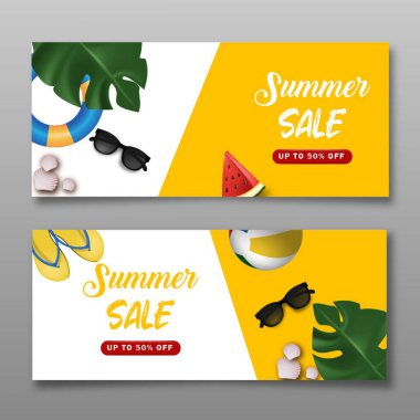 Yaz indirimi için pankart dizayn edildi. Yaz indirimli metin broşürleri promosyon ödemesi