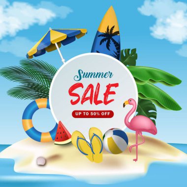 Beyaz çerçeveli, egzotik flamingo ve yapraklı yaz indirimi harfleri.
