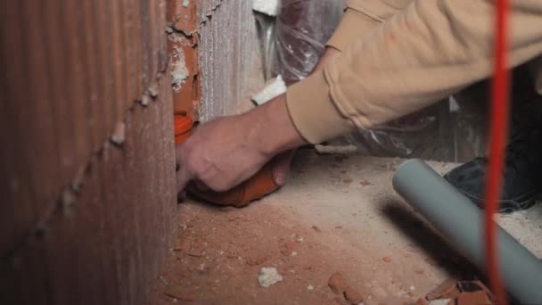 Laying Sewer Pipes Wall Plumber Lays Sewer Pipes Construction Site — Wideo stockowe