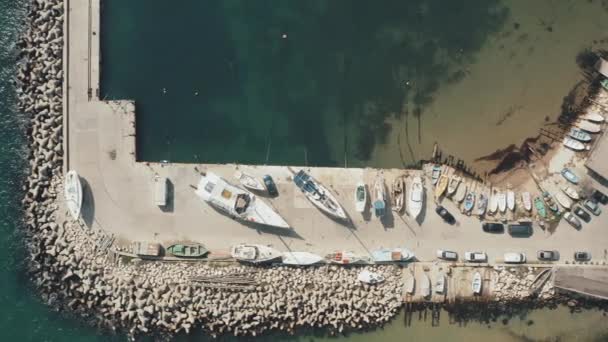 Aerial Top View Fishing Pier Fishing Boats Docked Sailboats Dry — Stock Video