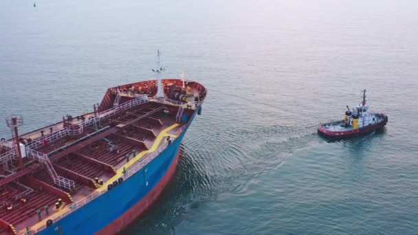 Römorkörü Kapatın Kargo Gemisini Deniz Iskele Hava Manzarasının Yakınına Çekin — Stok video