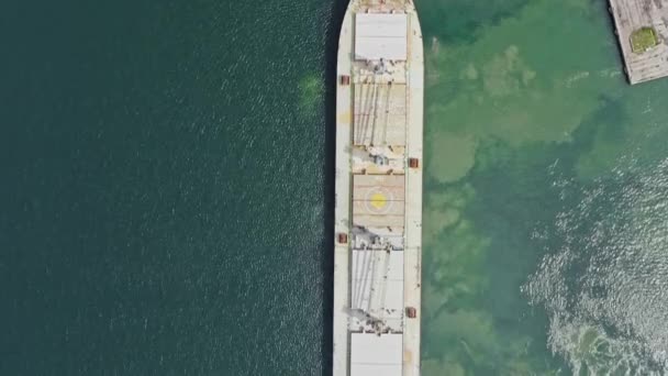 自上而下向前推进无人驾驶飞机发射了大量干货船带着拖轮离开港口 — 图库视频影像