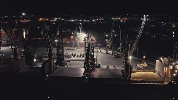 Ночь Черноморском Порту Погрузка Украинского Зерна Сухогруз Синхронная Работа Нескольких — стоковое видео