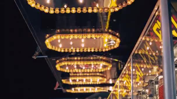 Golden Illuminated Defocused Retro Lamps Decoration Amusement Park Festival Atmosphere — Stock Video