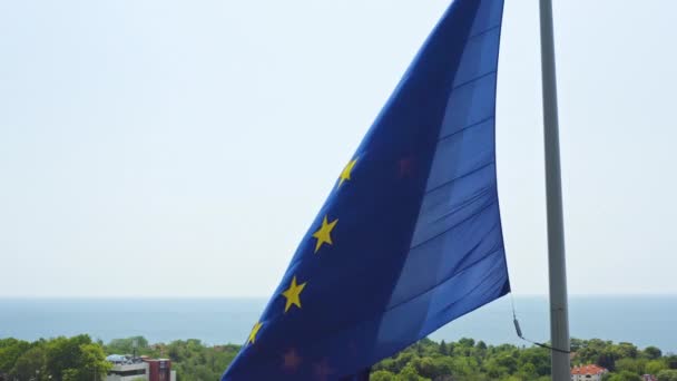 欧州連合 の旗を振って 海を背景に旗を掲げる 欧州経済領域とシェンゲン協定 — ストック動画