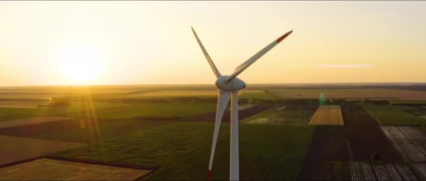 Rüzgâr Türbini Eko Çiftliği Güzel Altın Saat Akşam Tarlaları Üzerinde — Stok video