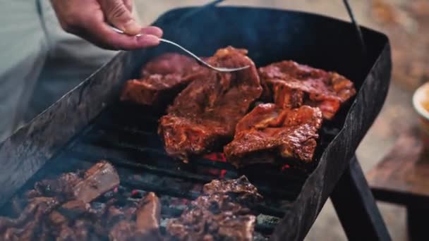グリルした肉を閉じる 男はピクニックでバーベキューで肉を揚げ 豚肉をフォークでオーバーする — ストック動画