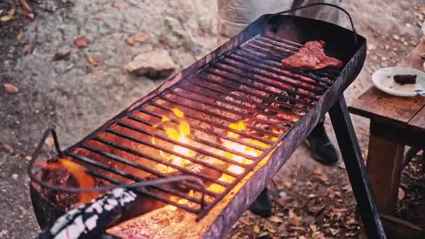 Hombre Fríe Carne Una Barbacoa Picnic Pone Carne Cruda Fuego — Vídeos de Stock