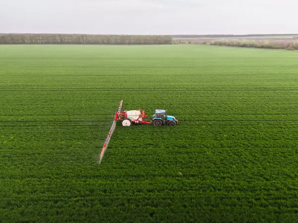 Tahıl verimini arttırıyorum. Bir tarlada hava manzaralı böcek ilacı püskürtücü. Hastalıklara karşı buğday tarlası püskürtmek.