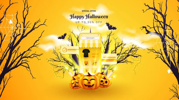 stock vector Halloween Promotion Poster or banner template with Halloween pumpkin ghost, tree, moonlights spider, and Halloween elements. banner template