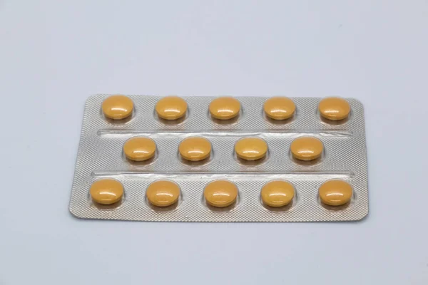 Pillole Medicinali Colore Arancione Lamina Imballaggi Plastica — Foto Stock